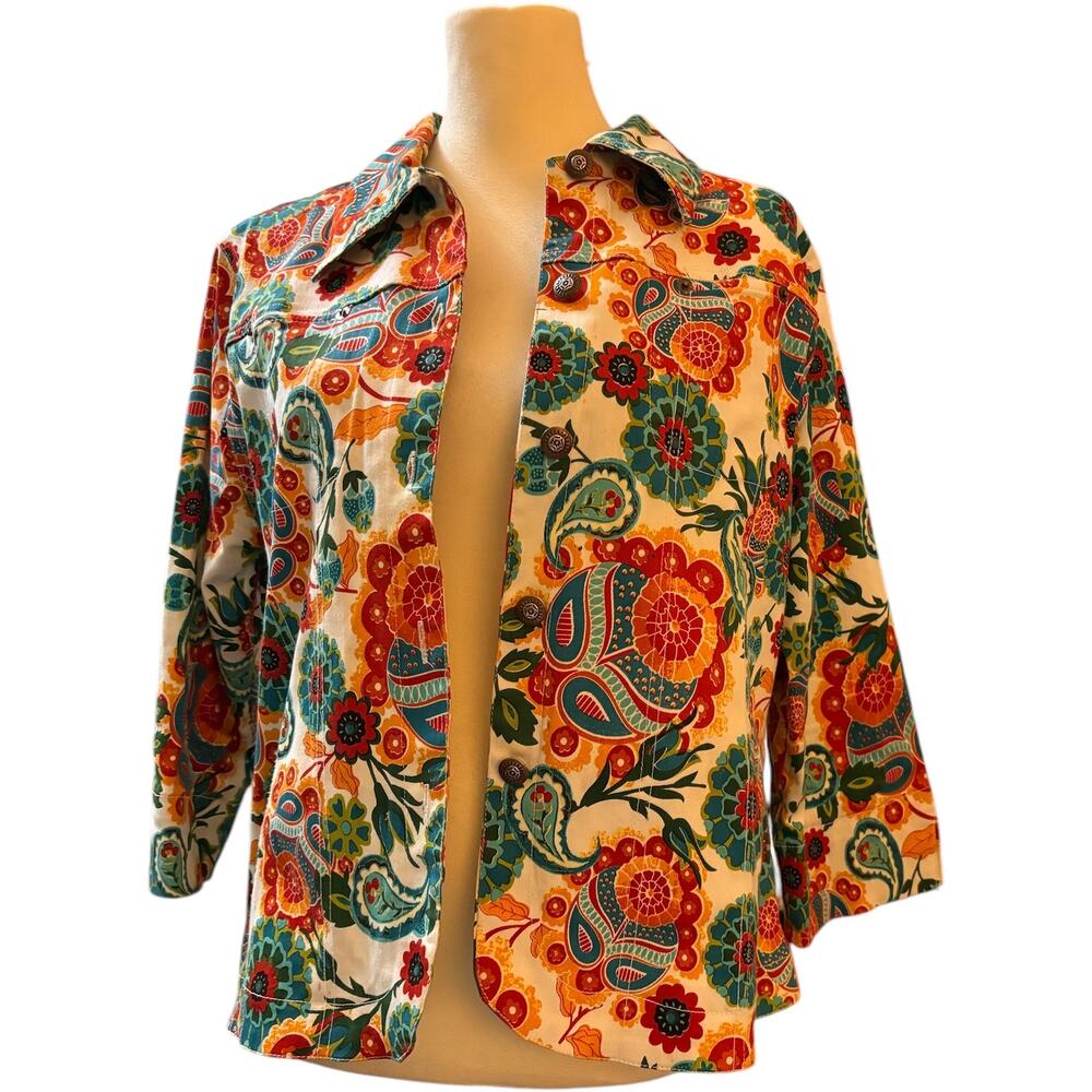 Mirror Image Floral Paisley Button-Up Jacket, Boho Retro Print, Size Large